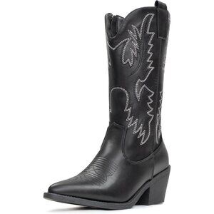 Women's Black Embroidery Western Cowgirl Boots Pull On Pointy Toe Mid Calf